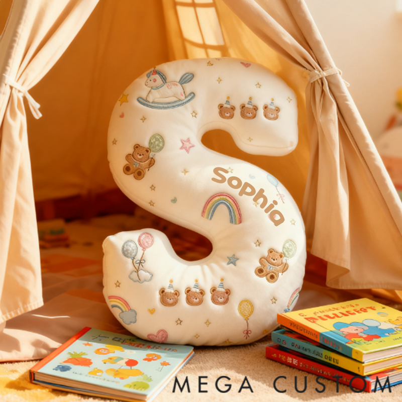 Personalized Birthday Bear Alphabet Shaped Pillow with 3D Printed Design
