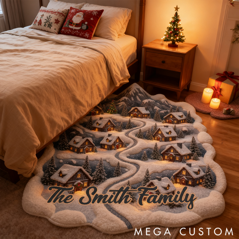 Personalized Snowy Mountain Village Doormat Gift for Family