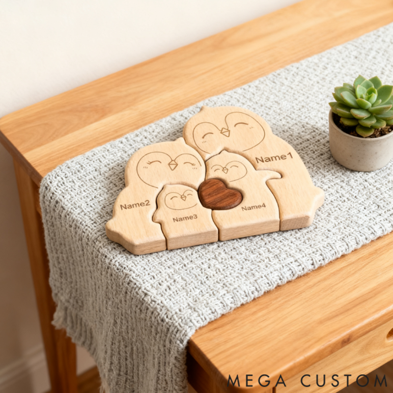 Personalized little Penguin Family Wooden Puzzle Ornament Holiday Gift Heartwarming Family Ornament