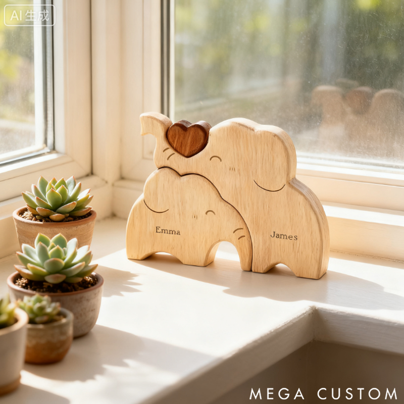 Personalized little Elephant Family Wooden Puzzle Adorable Shaped Wooden Ornament
