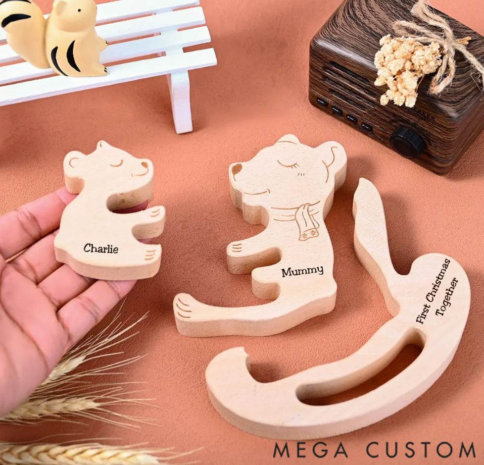Personalized Wooden Bear Family Puzzle Engraved Mom and Baby Figurines First Christmas Gift for New Parents