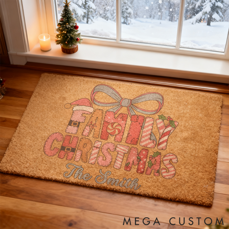 Personalized Family Christmas Doormat Cute Winter Home Welcome Mat Matching Gift
