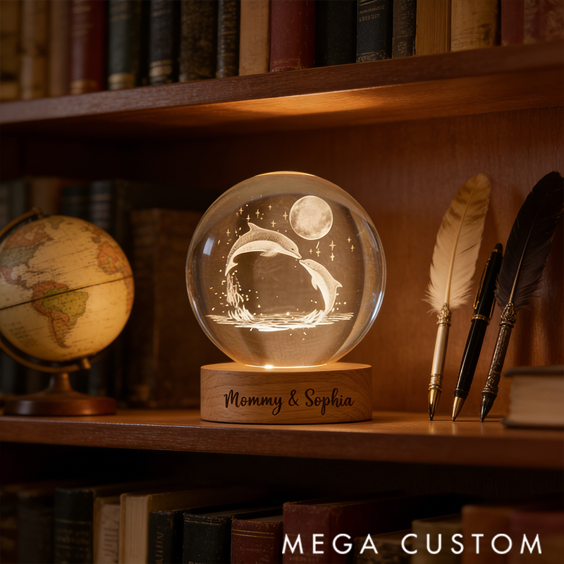 Personalized Dolphin Crystal Ball Night Light LED Wooden Base Table Lamp