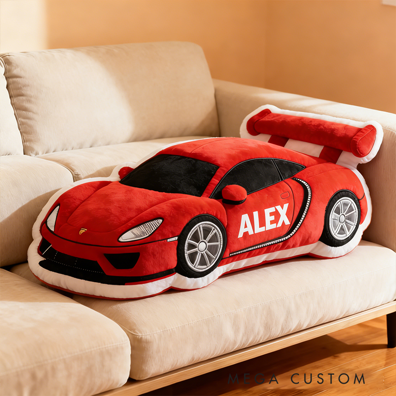 Personalized Race Car Shaped Pillow Custom Name Plush Cushion Choose Car Color 3D Graphic Print Gift for Racing Fans