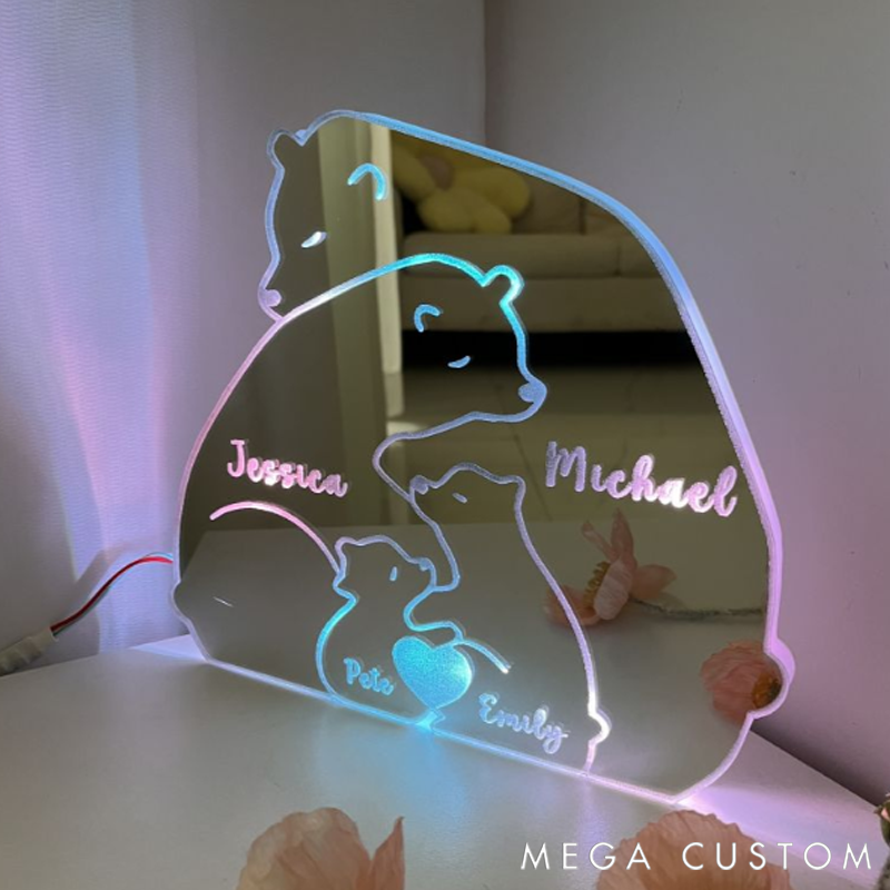 Personalized Heart Name Bear Family LED Mirror Light