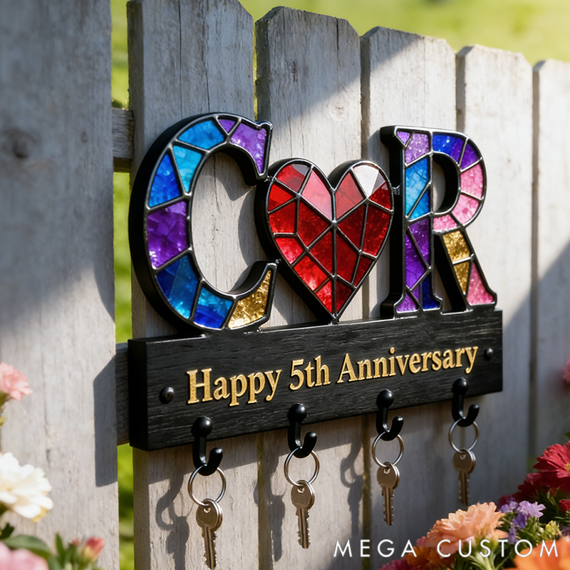 Personalized Key Holder with Initials Heart Couple Anniversary