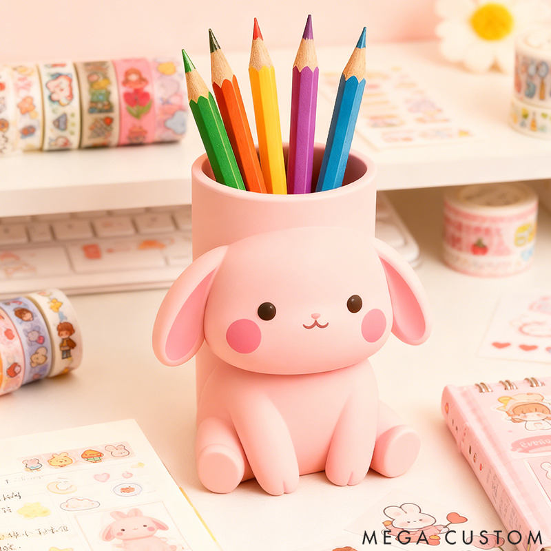 Personalized Pink Bunny Pencil Holder Cute Desktop Decor 3D Printed