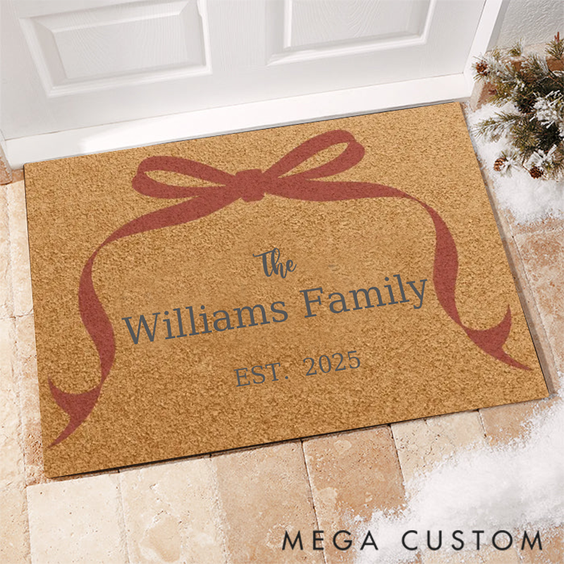 Personalized Family Name Doormat with Red Bow Christmas Gift