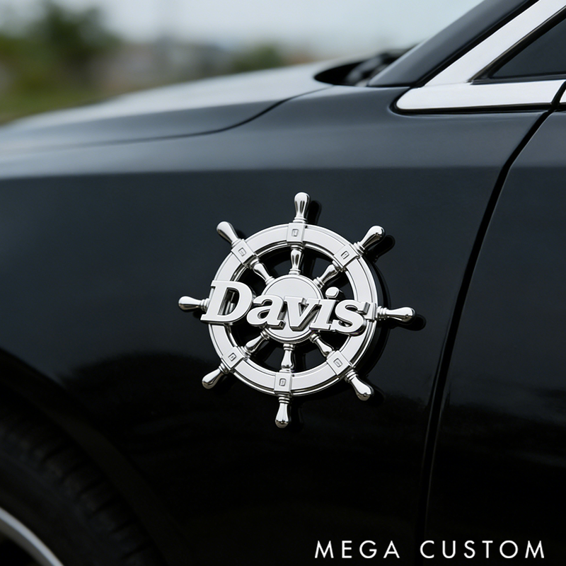 Personalized Metal Car Badge with Ship's Wheel Design