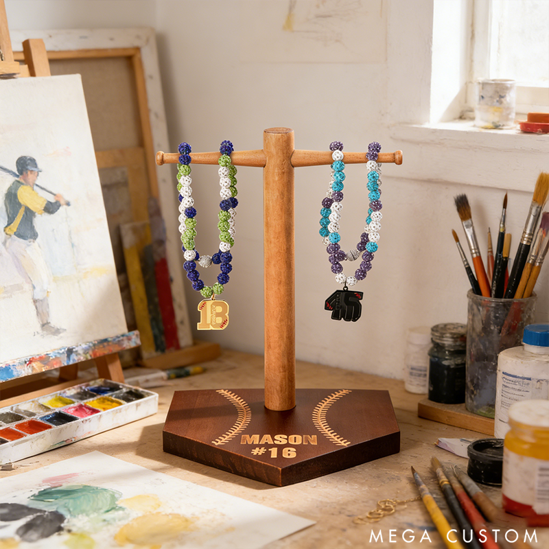 Personalized Baseball Ring Display Stand Wooden Necklace Holder with Engravable Name and Number the Perfect Gift for Sports Lovers