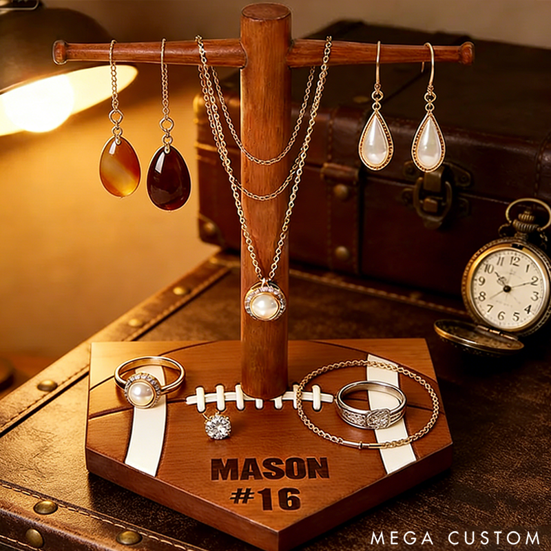 Personalized American Football Ring Display Stand Wooden Necklace Holder with Engravable Name and Number the Perfect Gift for Sports Lovers