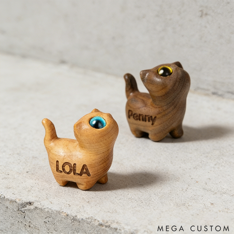 Personalized Mini Cute Cat Wood Carving Figurine Desk Coffee Table Home Decor