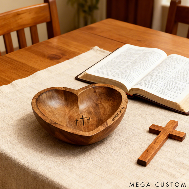 Personalized Wooden Heart-Shaped Prayer Bowl Cross Religious Gift Christian Gift Prayer Bowl