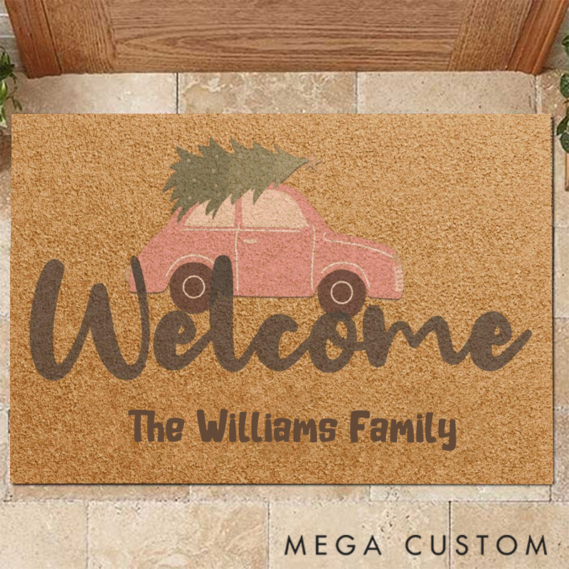 Personalized Vintage Car Holiday Doormat Welcome Guests with Your Family Name this Christmas