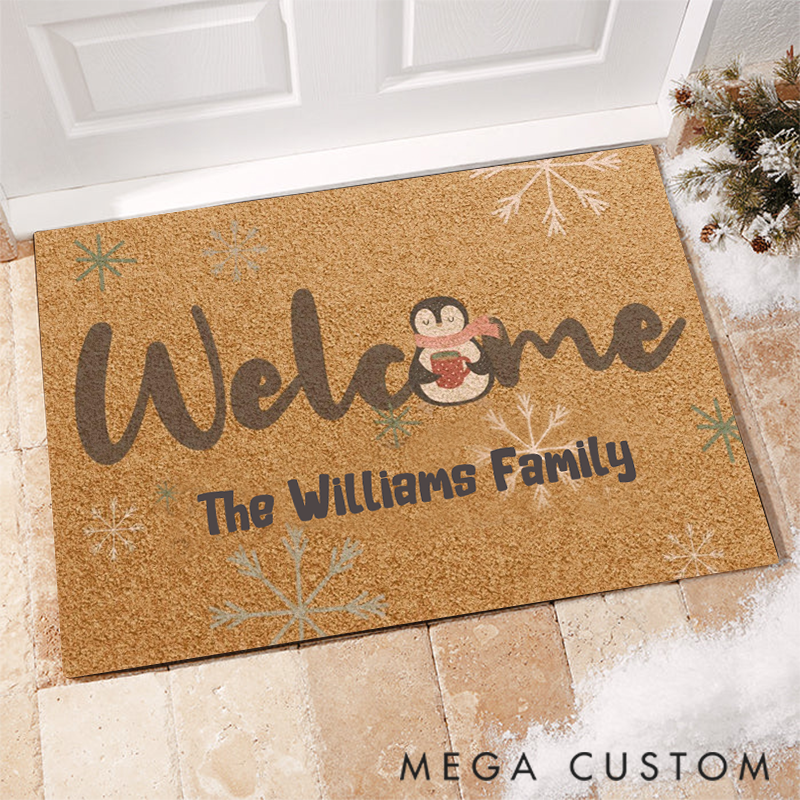 Personalized Cute Penguin Custom Family Name Doormat Christmas Gift