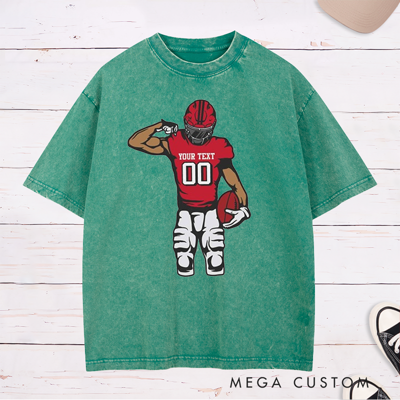 Personalized American Football Washed T-Shirts Featuring Custom Name and Number on the Front