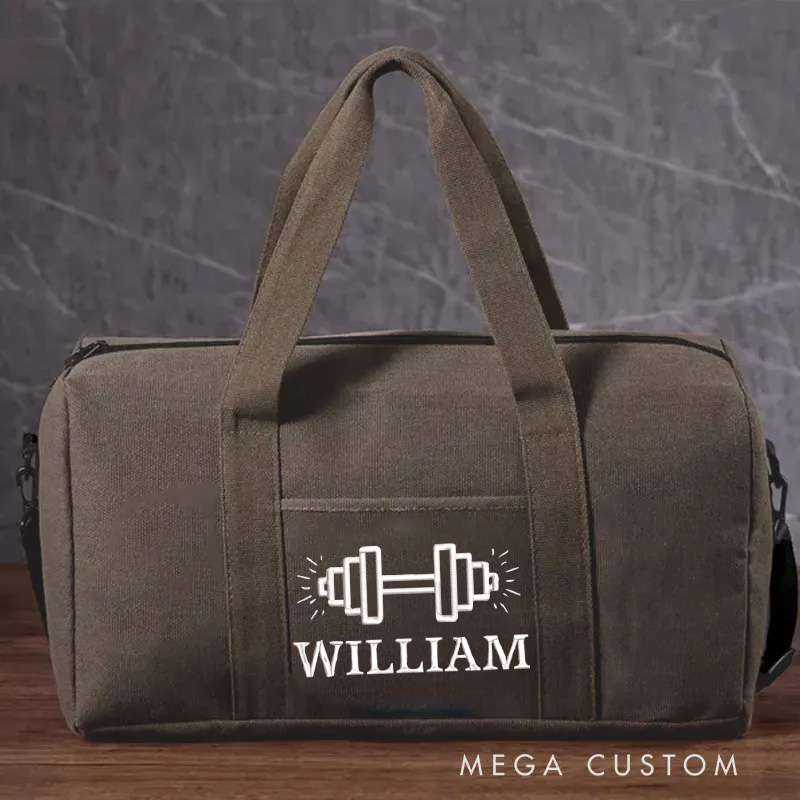 Personalized Embroidery Gym Canvas Duffle Bag Gear Bag Custom Name and Dumbbell Design for Fitness Enthusiast