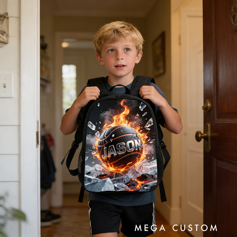 Personalized Basketball Backpack with Fiery Design and Custom Name for Kids and Basketball Lovers Black to School Gift