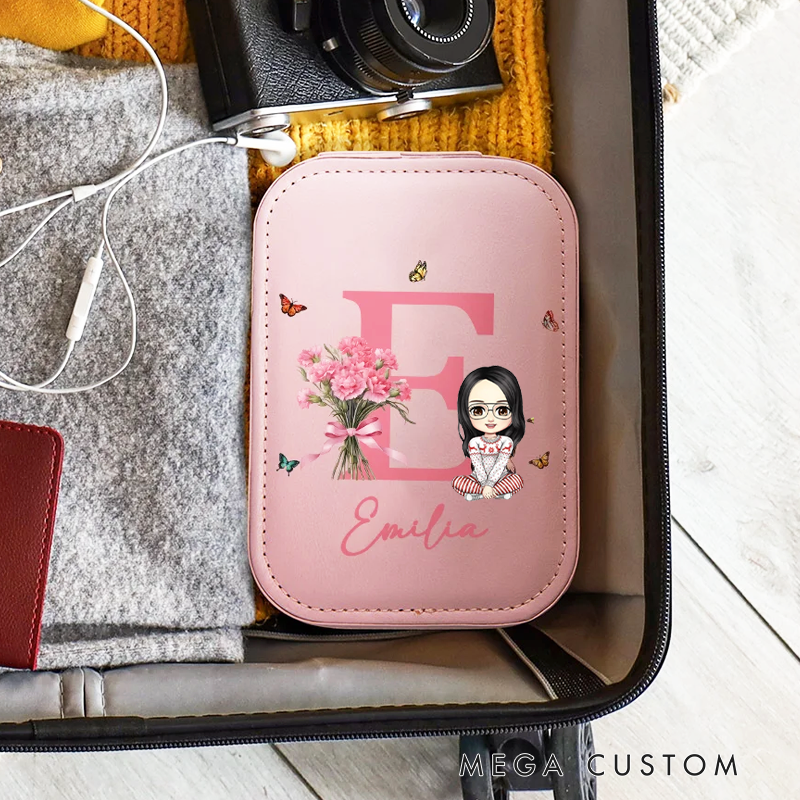 Personalized Cartoon Character Leather Jewelry Box with Birth Flower and LED Light Makeup Mirror Travel Essential Birthday Gift