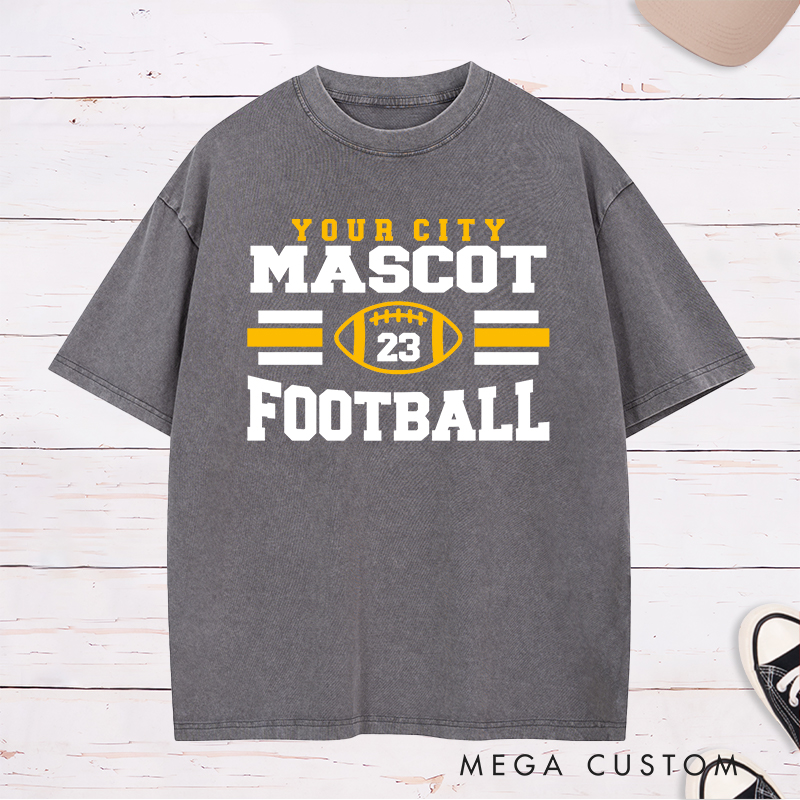 Personalized American Football Washed T-Shirts Featuring Custom Mascot, City and Number