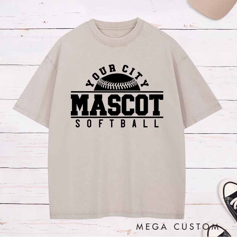 Personalized Softball Team Washed T-Shirt Design Featuring Custom City Name Team Name Bold Typography and Central Softball Graphic