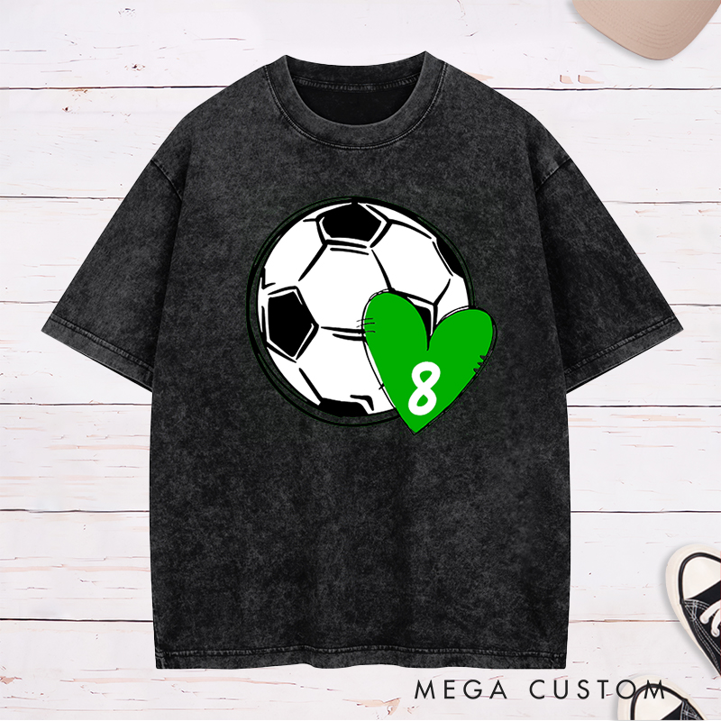 Personalized Soccer Love Washed T-Shirt with Custom Number in Heart