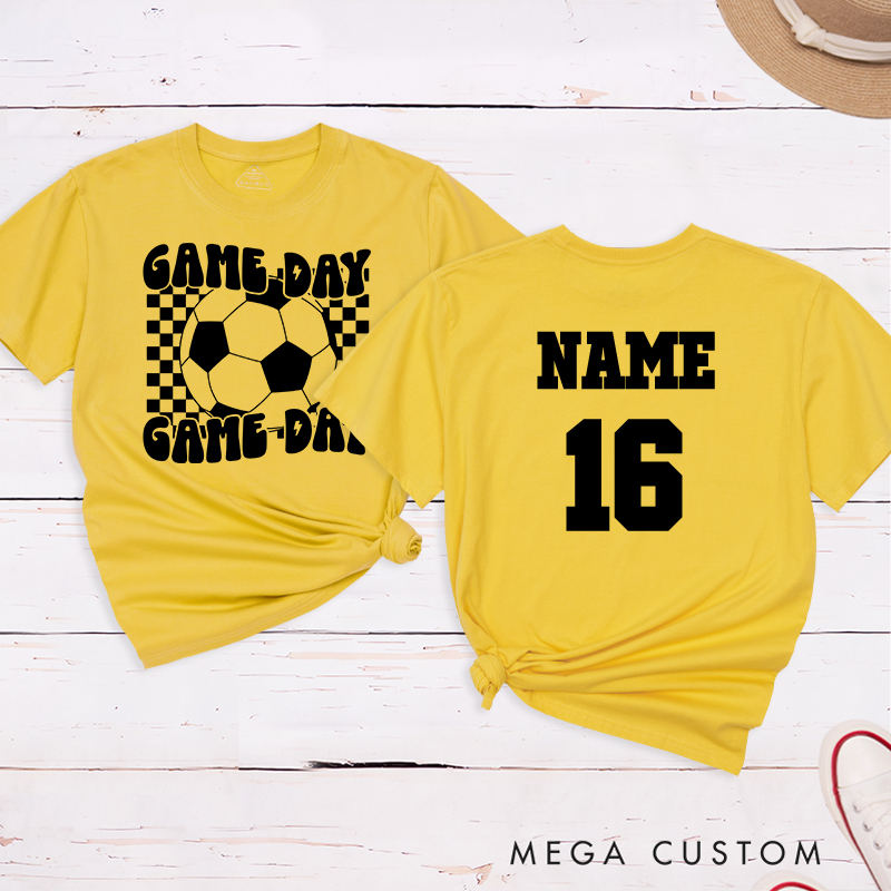 Personalized Game Day Soccer T-Shirt with Bold Checkerboard Design and Custom Name and Number