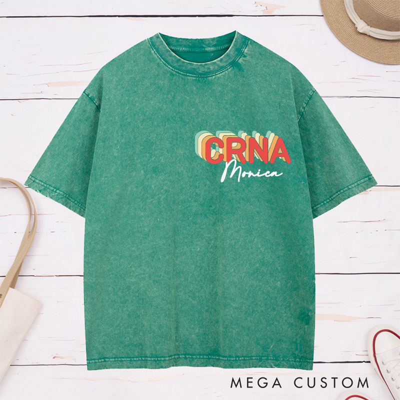 Personalized Nurse Washed T-Shirt Customized Vintage Brown CRNA Design Washed T-Shirt 