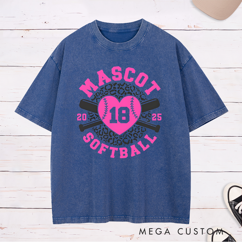 Personalized Softball Team Washed T-Shirt Design Featuring Customizable Team Name Leopard Print Heart-Shaped Softball Graphic Crossed Bats and Player Number