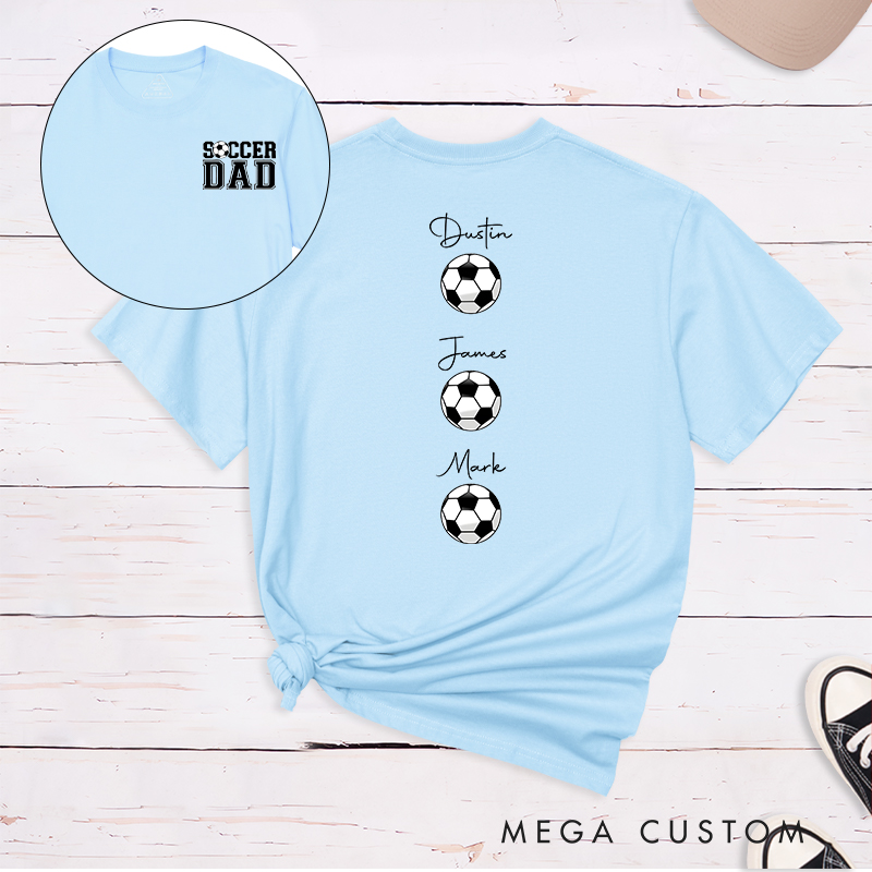 Personalized Soccer Dad T-Shirt with Custom Kids’ Names and Ball Graphics