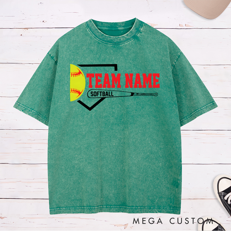 Personalized Softball Team Washed T-Shirt Design Featuring Customizable Team Name Bold Home Plate Graphic Yellow Softball and Bat Element