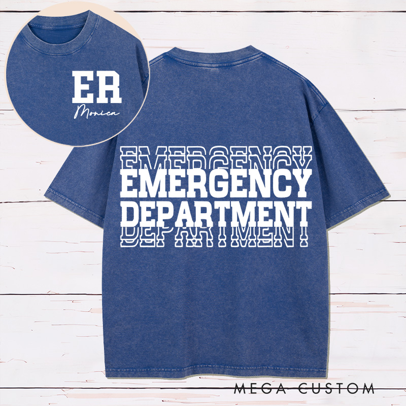 Personalized Two Sides Printed Washed T-Shirt Customized Emergency Department Bold Minimalist Design Washed T-Shirt 