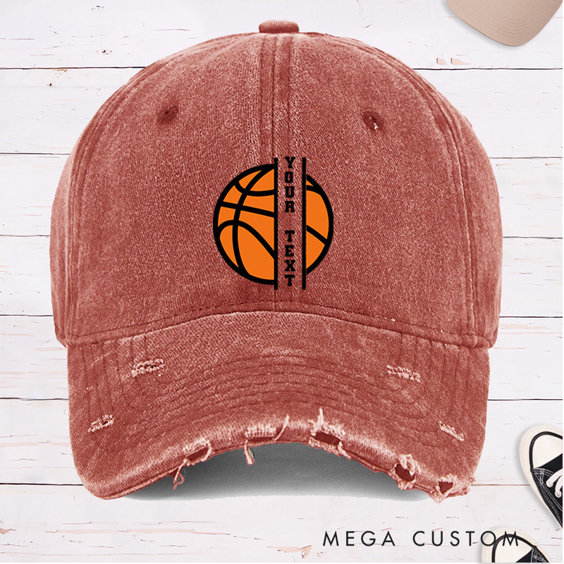 Personalized Distressed Denim Basketball Cap with Custom Text and Basketball Graphic Design
