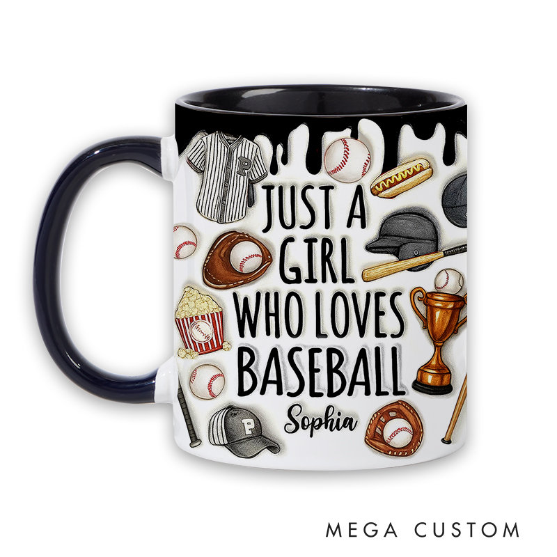Personalized Baseball Lover’s Mug with "Just a Girl Who Loves Baseball" Design and Custom Name