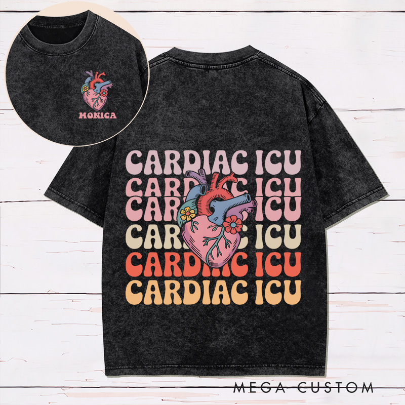 Personalized Two Sides Printed Washed T-Shirt Customized Cardiac ICU Vibrant Heart Design Washed T-Shirt 