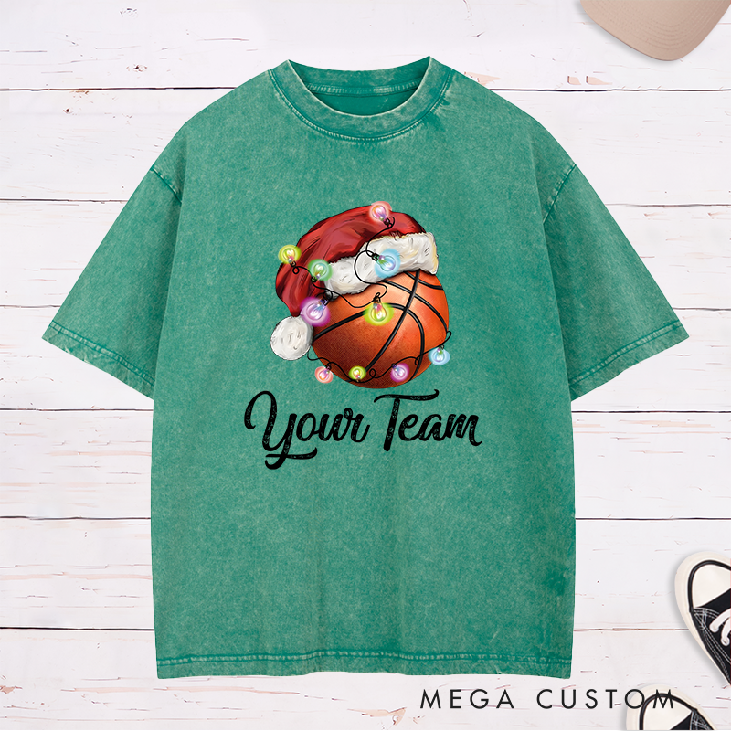 Personalized Festive Washed T-Shirt with Custom Team Name and Basketball Santa Hat Design