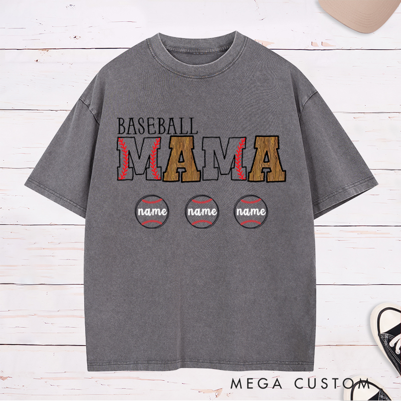 Personalized Baseball Mom Washed T-Shirt With Kids Name
