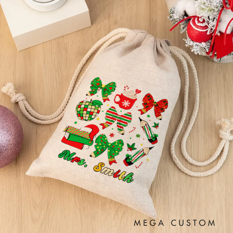 Personalised Christmas Santa Sack for Teachers Custom Coffee Pencil Book Bow Design Sack Christmas Gift