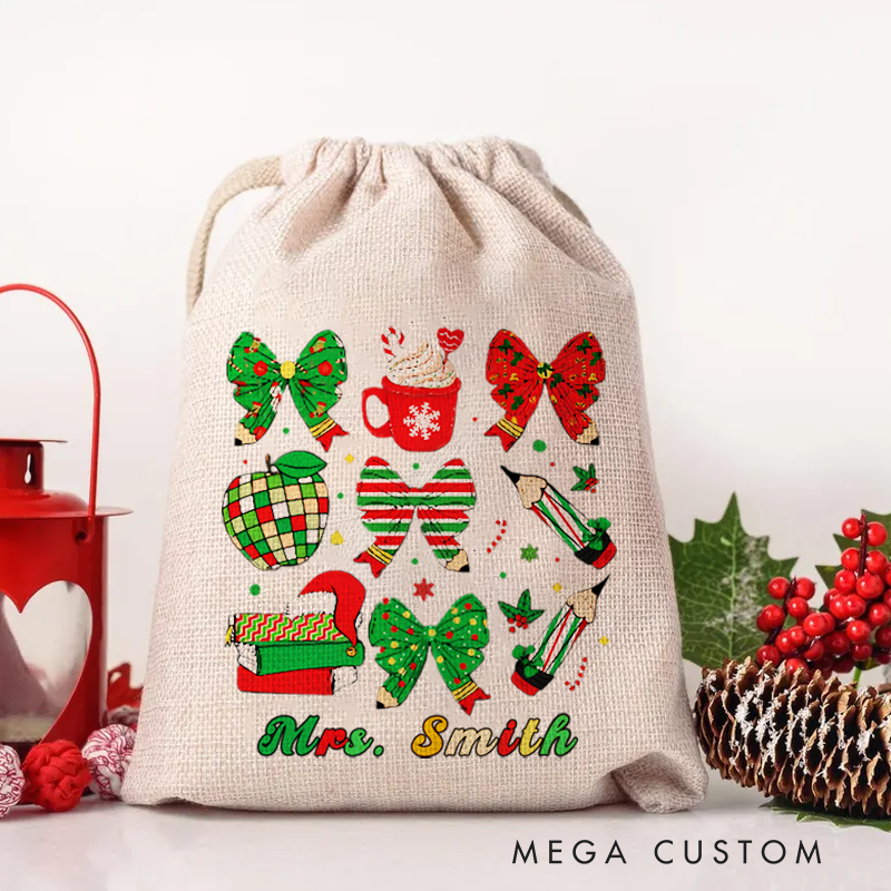 Personalised Christmas Santa Sack for Teachers Custom Coffee Pencil Book Bow Design Sack Christmas Gift