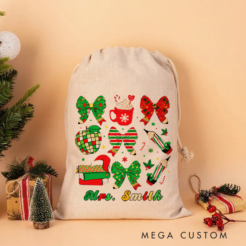 Personalised Christmas Santa Sack for Teachers Custom Coffee Pencil Book Bow Design Sack Christmas Gift