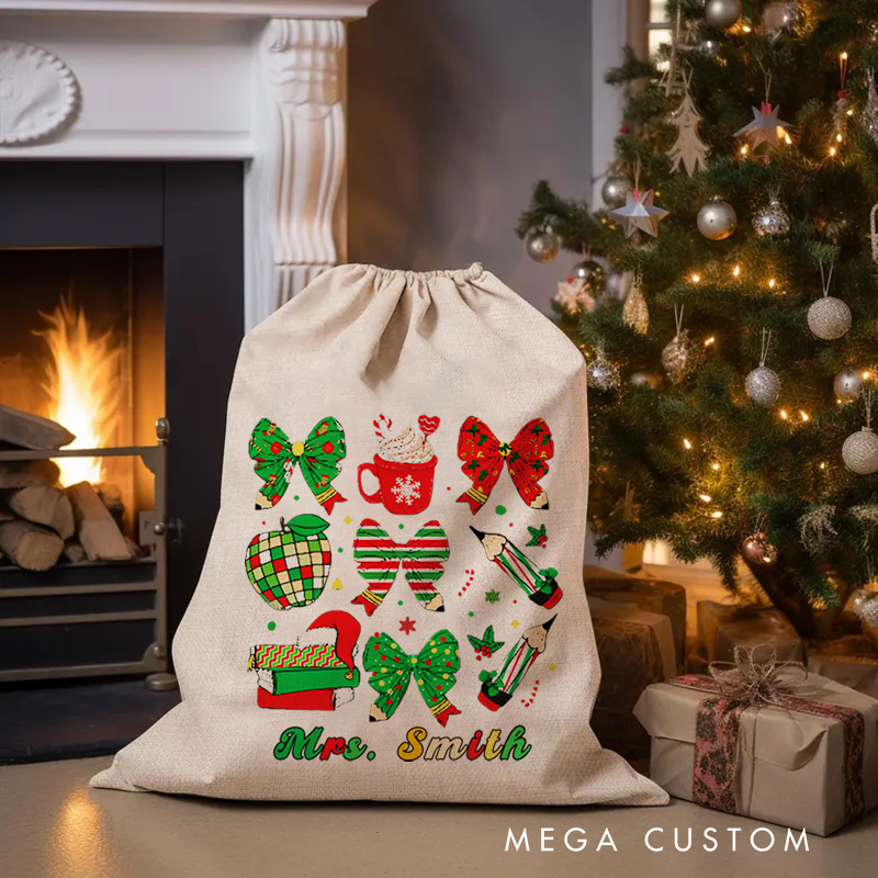 Personalised Christmas Santa Sack for Teachers Custom Coffee Pencil Book Bow Design Sack Christmas Gift