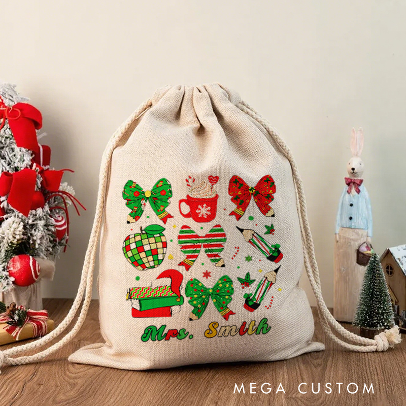 Personalised Christmas Santa Sack for Teachers Custom Coffee Pencil Book Bow Design Sack Christmas Gift