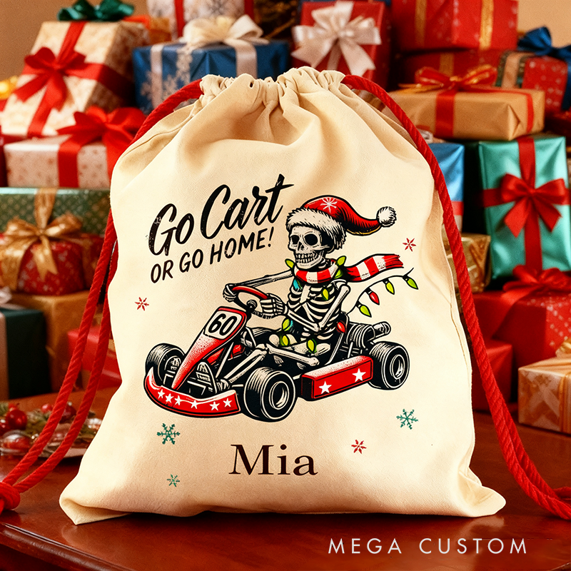 Personalized Racing Skull Gift Sack Custom Name Go Cart or Go Home Design Gift Bag Unique Christmas Bag