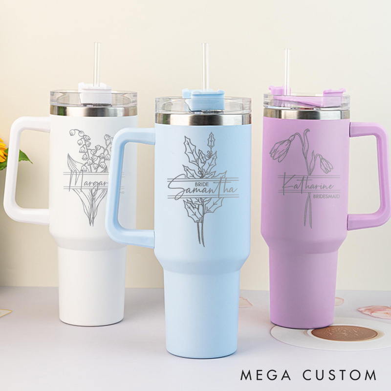 Personalized Delicate Bridesmaid Birth Flower 40oz Tumbler Maid of Honor Month Flower Tumbler with Lid and Straw Bride Bachelorette Party Gift for Her