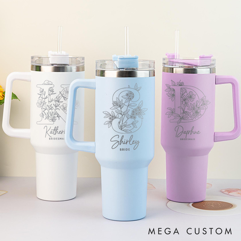 Personalized Bridesmaid Floral Initials 40oz Tumbler Maid of Honor Name Tumbler with Lid and Straw Bride Bachelorette Party Gift Bridal Shower Tumbler