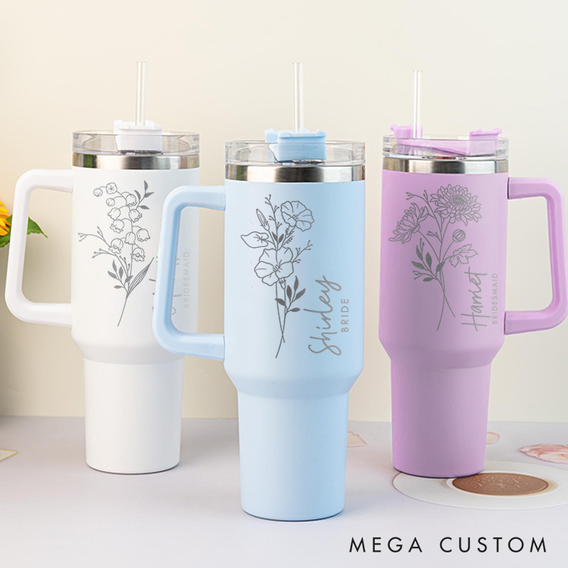 Personalized Bridesmaid Bride Birth Flower 40oz Tumbler Maid of Honor Month Flower Tumbler with Lid and Straw Bachelorette Bridal Shower Party Gift