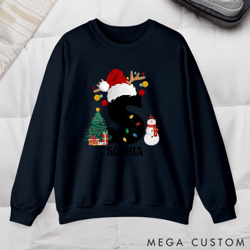 Personalized Christmas Trees Snowmen Multicolor Sweatshirt Hoodie with Initial and Name Christmas Gift for Family 