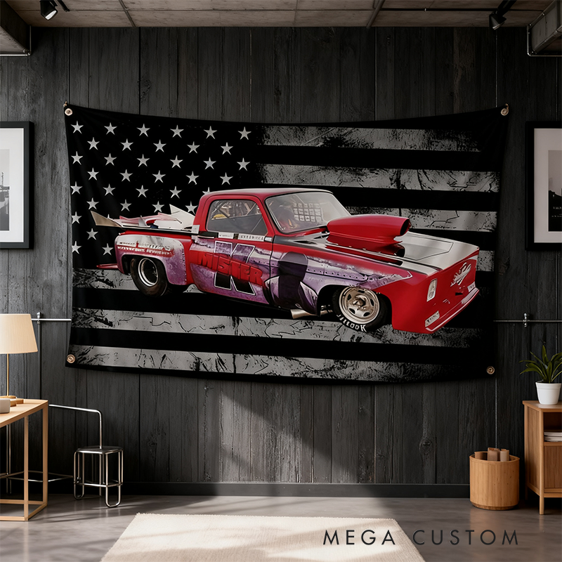 Personalized Car Tapestry with Flag Design Custom Racing Car Photo Wall Hanging Gift for Racers and Racing Lovers