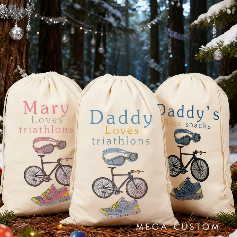 Personalized Merry Christmas Triathlon Sack Family Christmas Gift Wrap Bag Cycling Gift Cotton Cycling Kit Sports Bag Gift for Cyclist Bicycle Biker Riding Lovers