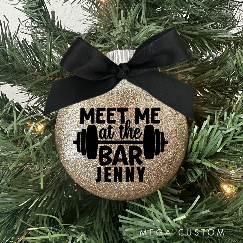Personalized Bar Gym Motivation Workout Exercise Dumbbell Body Builder Athlete Glass Disc Glitter Christmas Holiday Tree Ornament with Bow